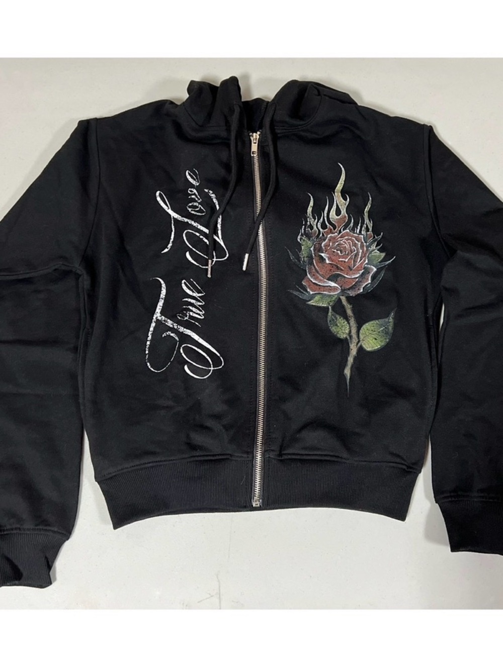 Black ‘True Love’ Floral Rose Graphic Zipper Sweater Sweatshirt Hoodie XS 🌹✨